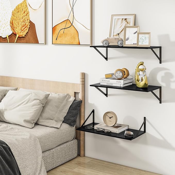 Heimlove 24" W x 12" D Wall Shelves for Books, 12 Inch Deep Floating Shelves Set of 3, Wide Floating Bookshelf with Metal Bracket for Living Room, Kitchen, Office, Bedroom and Decor Storage - Black