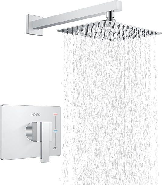 KENES Modern Polished Chrome Shower Faucet Set, Square Shower Trim Kit with Single-Spray Shower Head, Shower Trim Systems Wall Mount, KE-6024B-5 (Shower Valve Included)