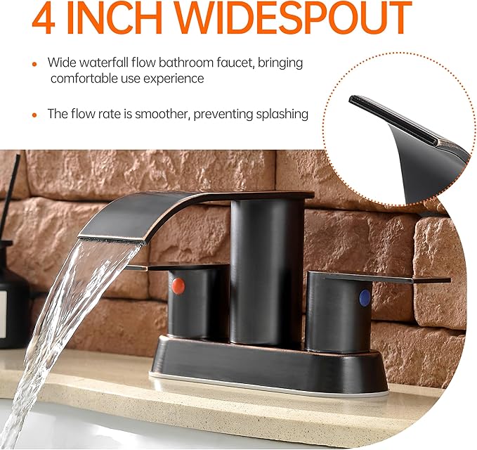 Waterfall Bathroom Sink Faucet 4 Inch Faucet 2 Handle Lead-Free Oil Rubbed Bronze, Bathroom Faucets with Pop Up Drain, 2 or 3 Holes Bathrooms Basin Lavatory Mixer Tap with Deck Mount Plate