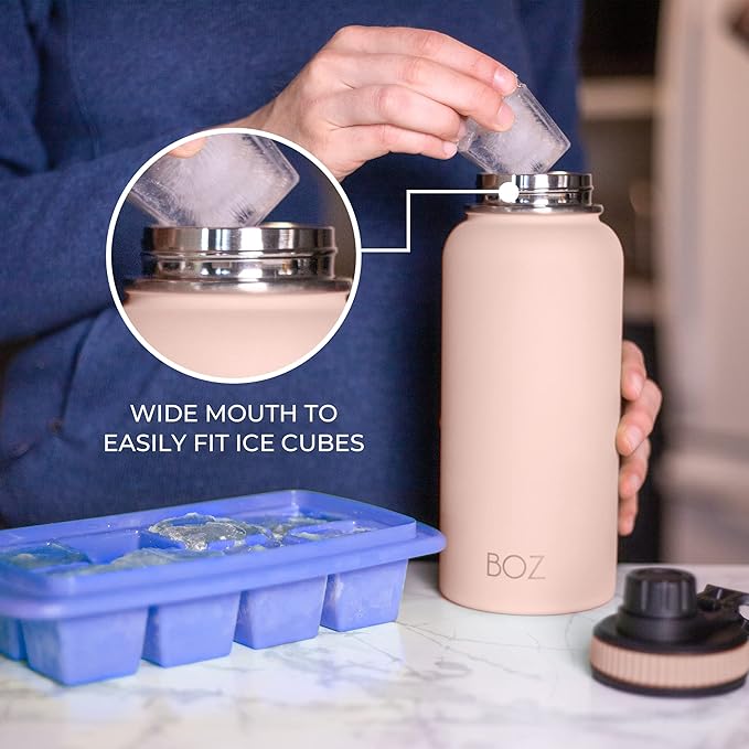 BOZ Stainless Steel Water Bottle - Vaccum Insulated Water Bottle 32 Oz - Wide Mouth BPA Free Sport Water Bottle for Gym with Spout Lid - Thermal Hot & Cold 1 Litre Pink Water Bottle