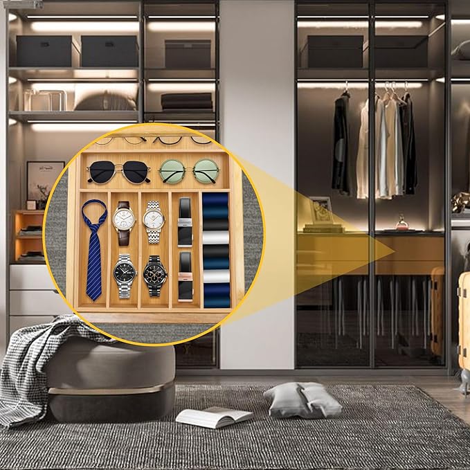 Kitchen Bamboo Silverware Organizer, Kitchen Drawer Organizer - Utensil Holder and Cutlery Tray with Grooved Drawer Dividers for Flatware 7 Slot, Natural