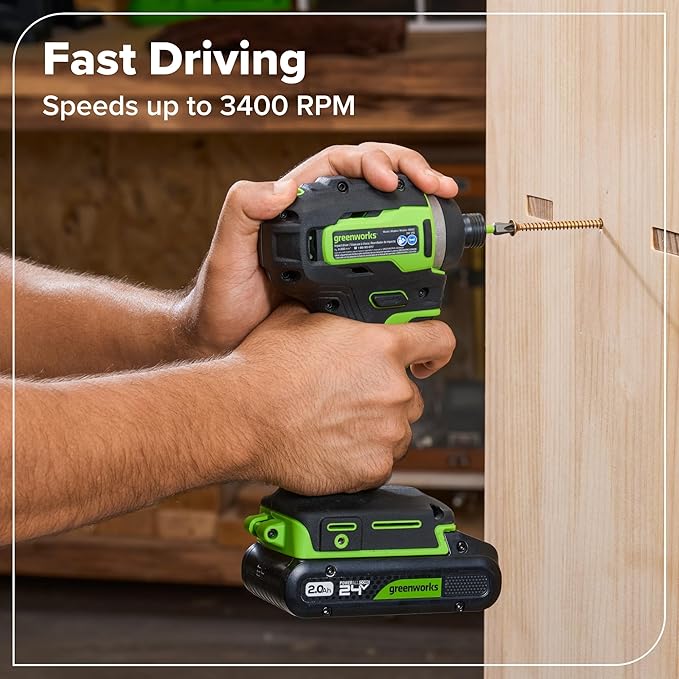 Greenworks 24V Cordless Brushless 400 in-lbs Drill/Driver+1950 in-lbs Impact Driver Combo,High Torque, Lightweight, (2) 2.0Ah USB-C Batteries(12,000mAh Power Bank) and 65W USB-C Fast Charger(3-Port)