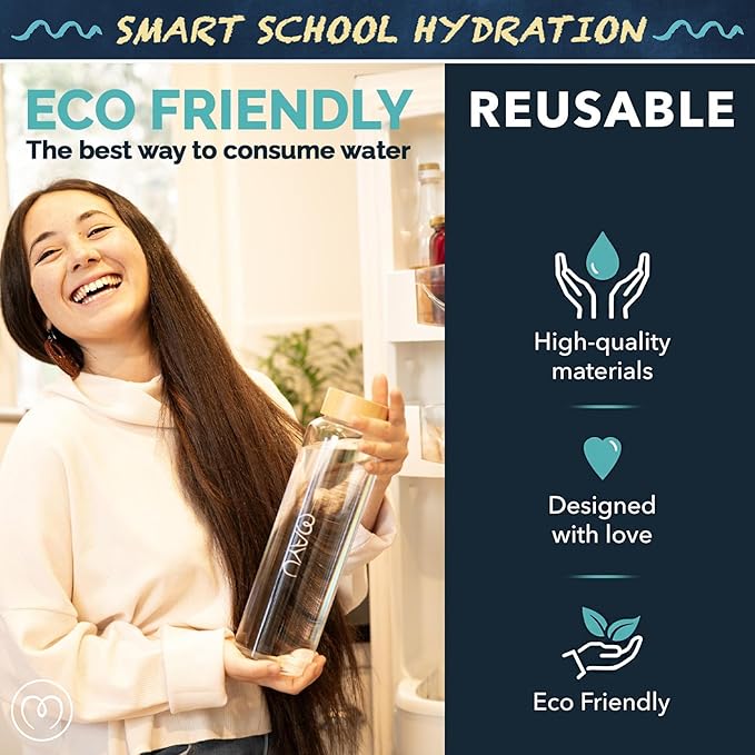 mayu Portable Container Water Bottle With Bamboo Lid - Eco Friendly & BPA Free Borosilicate Glass Infuser Bottle - Leak Free Design - For Storage, Everyday Use And Non-Toxic Hydration - 51oz 1.5L