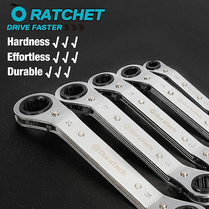 DURATECH 5 Pc Double Offset Box End Reversible Ratcheting Wrench Set Metric, Heavy-duty, Matte Chrome Plated, Ratchet Spanner Crooked for Narrow Spaces (6x8 mm, 10x12 mm, 13x14 mm, 15x17 mm, 19x21 mm)