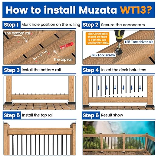 Muzata 25Pack 36" x3/4" Aluminum Deck Balusters Square Baluster Deck Railing Black Hollow Spindles with Screws for Railing Fencing Porch WT13