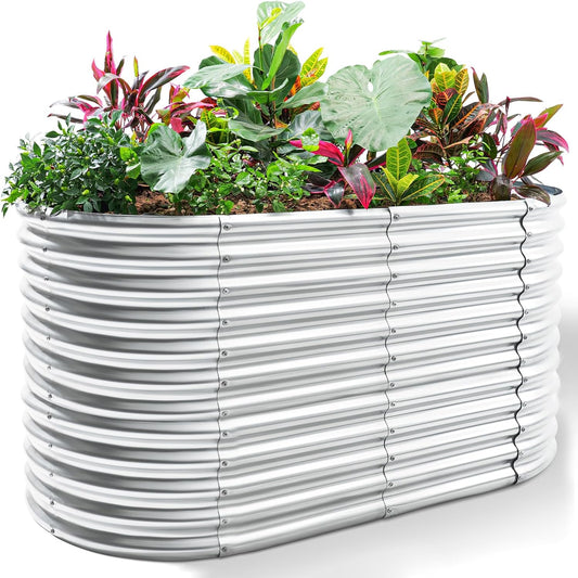 Land Guard 8x4x3ft Oval Galvanized Raised Garden Beds, Large-Capacity Metal Planter Box Outdoor, Durable Deep Raised Garden Bed 3ft Tall, Raised Beds for Gardening Vegetables, Classic Silver