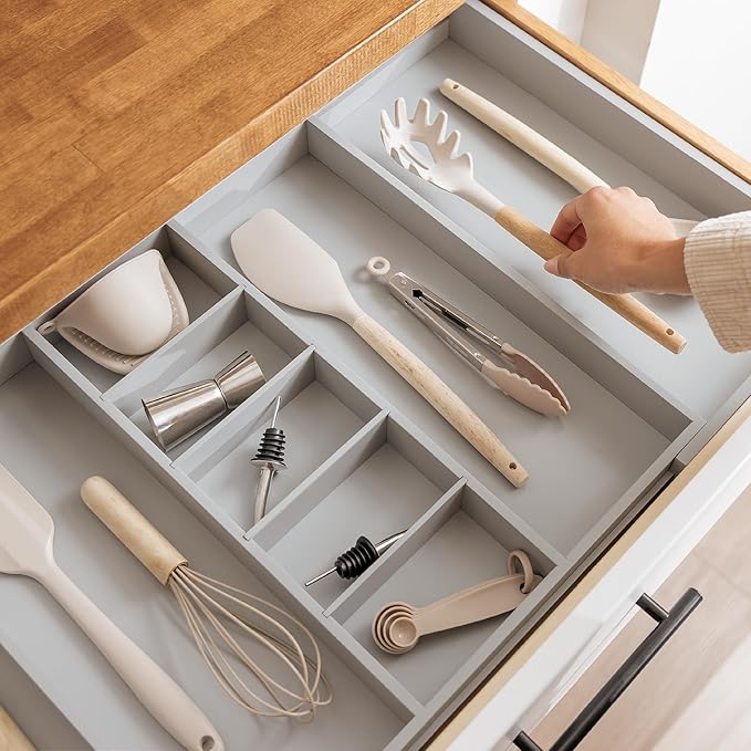 KitchenEdge Adjustable Kitchen Drawer Organizer for Utensils and Junk, Food-Safe Contract Grade with 100% Sustainable Wood, Expandable from 19 to 33 Inches Wide - Gray Bamboo