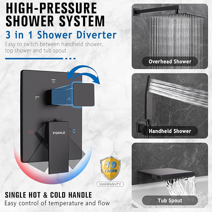 12 Inch Rainfall Shower System with Tub Spout Wall Mounted Complete Combo with Solid Brass Pressure Balancing Valve, High Pressure Shower Head, Handle Set & Installation Accessories Matte Black