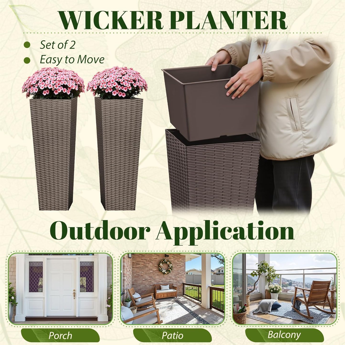 JUMMICO Set of 2 Resin Rattan Tall Planters for Outdoor Plants, Large Tapered Planters with Drainage Holes&Inner Trays, Flower Pots for Garden, Patio, Porch, Backyard (Brown, 32'')