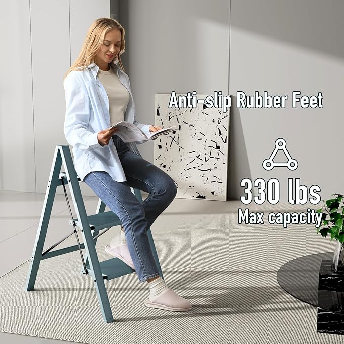 3 Step Ladder,Aluminum Folding Step Stool for Adults,Step Ladder with Wide Anti-Slip Pedal,330 lbs Capacity for Home,Office,Kitchen,Library(Blue)