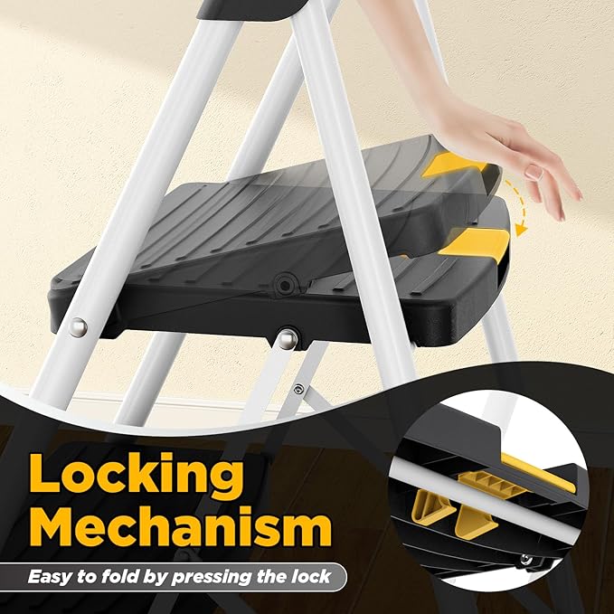 2 Step Ladder, Folding Steel Step Stool with Safety Lock, Anti-Slip Wide Pedals, Pass 800lbs Load Testing, Handrail, Heavy Duty Portable Ladder for Multi-Purpose, Indoor, Office, Kitchen