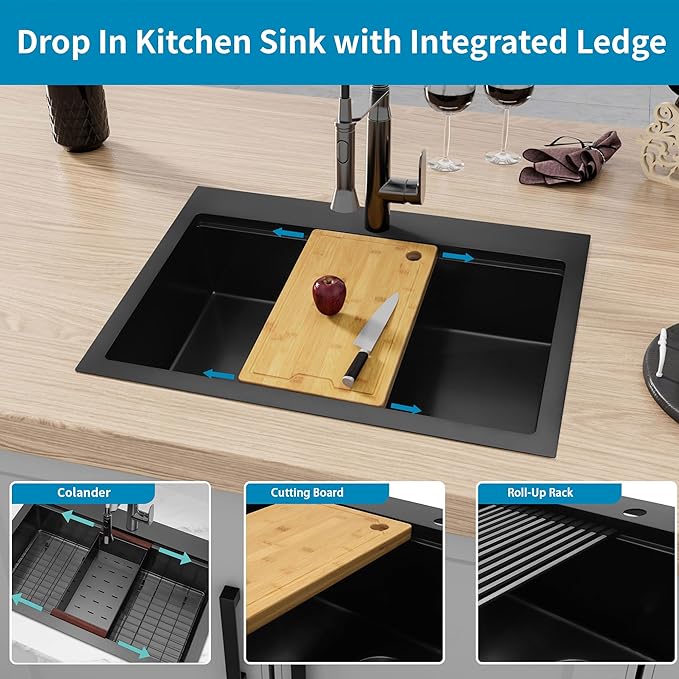Drop In Black Kitchen Sink 33" X 22",Deep and Large Single Bowl Sinks,16 Gauge Stainless Steel Workstation Sink