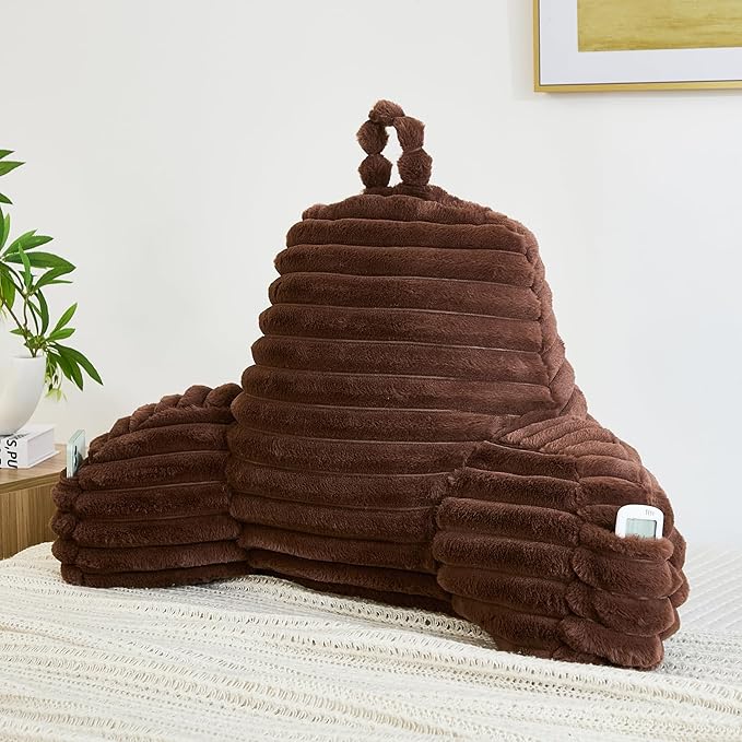 Faux Fur Fluffy Coffee Reading Pillow with Pockets, Luxury Striped Plush Decorative, Arm Rests and Back Surport for Bed Rest, Lounging on Sofa, Standard