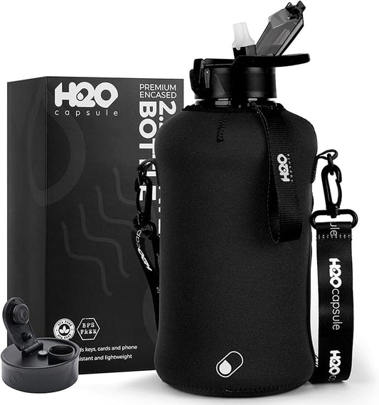 H2O Capsule 2.2L Half Gallon Water Bottle with Storage Sleeve and Covered Straw Lid – BPA Free Large Reusable Drink Container with Handle - Big Sports Jug, 2.2 Liter (74 Ounce)