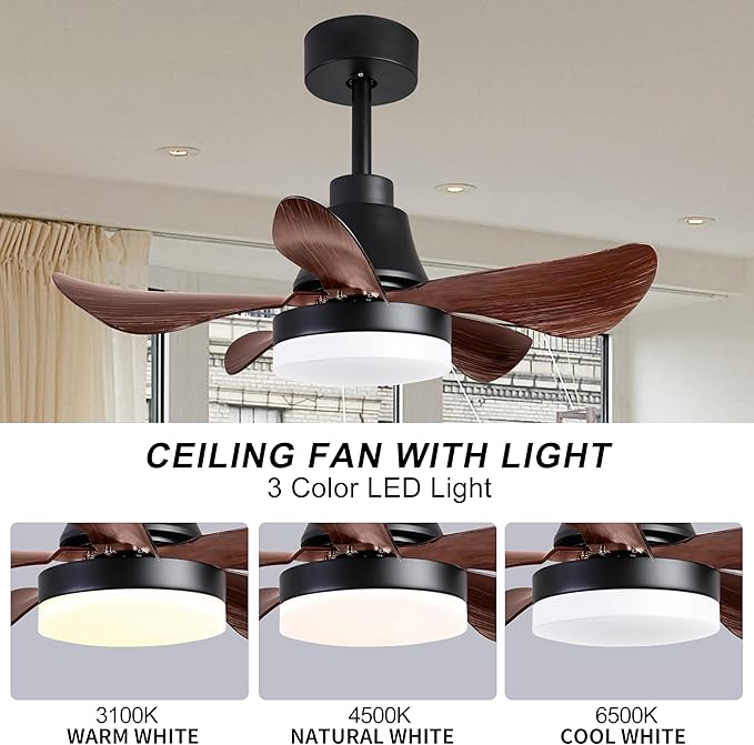 NicBex Ceiling Fan 28 Inch Ceiling Fan with Lights Ceiling Fans with 5 ABS Blades and Remote Control DC Motor Ceiling Fan with Down Rod Mount for Bedroom, Living Room, Brown