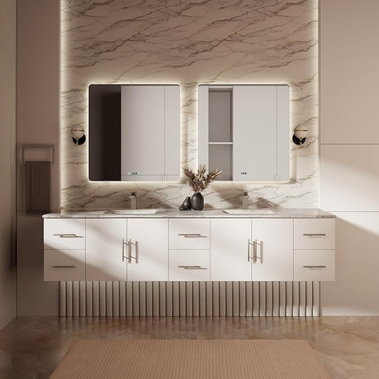 Sonoma 84 in. W x 22 in. D Glossy White Double Bath Vanity and Carrara Marble Top