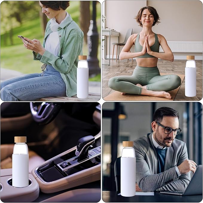 Laster Glass Water Bottle 20 Oz, 600 ml, made of Borosilicate Glass, 1 Bamboo & 1 Stainless Steel Lid, BPA Free, Non-Slip Silicone Sleeve (White)