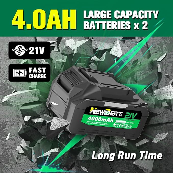 NEWBEAT Cordless Impact Wrench Set - 1/2 inch Impact Gun, Electric Power Impact Driver Max Torque 550 N.m, 21V Brushless, 2*4.0Ah Battery, 2400 RPM Variable Speeds for Car Home DIY, Tire Removal Tool
