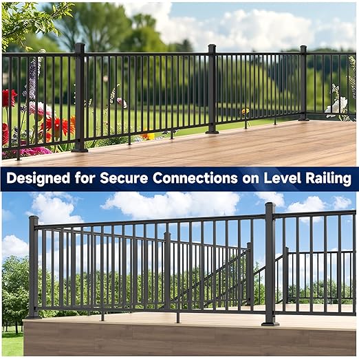 2 Pack Aluminum Fixed Railing Bracket, Deck Railing Bracket Connector, Black Textured Powder-Coat Finish Railing System for Outdoor Decks, Porches & Balconies