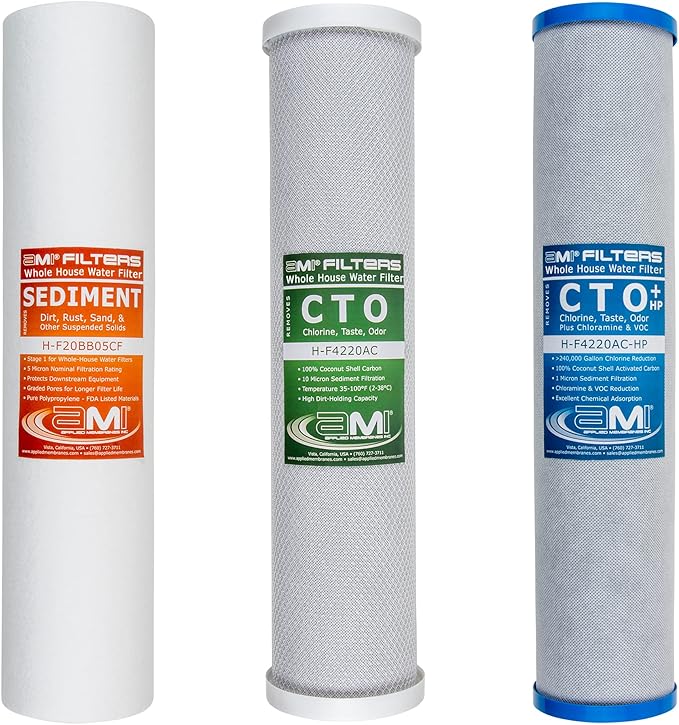 Applied Membranes Inc. 3-Stage Whole-House Water Filter Cartridge Replacements, 20-Inch Carbon and Sediment Filter Cartridges