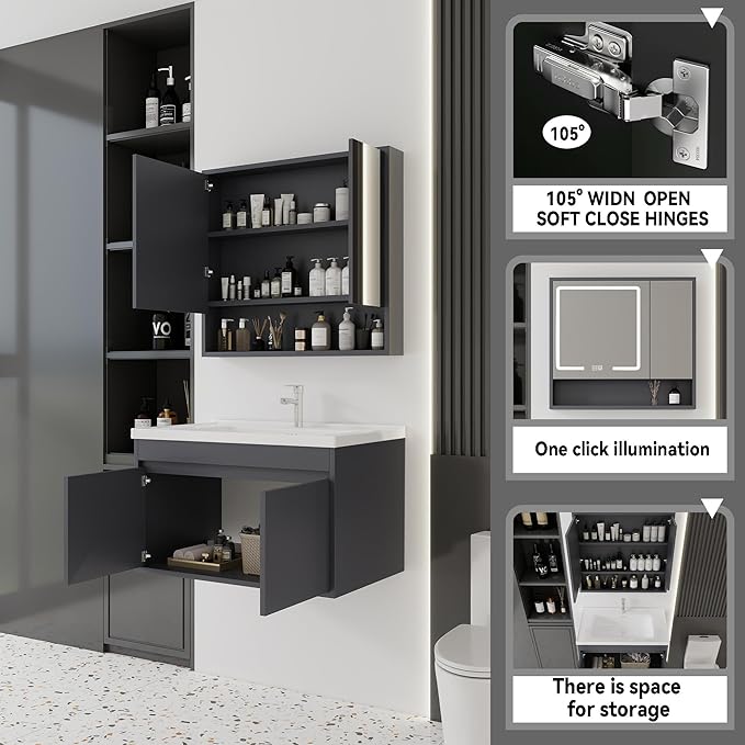 32'' Bathroom Vanity with Ceramic Sink Combo and Medicine Cabinet Mirror with Led Light/Defog, Wall Mounted Small Bathroom Vanity with Soft-Close Door Modern Floating Cabinet, Gray(No Faucet)