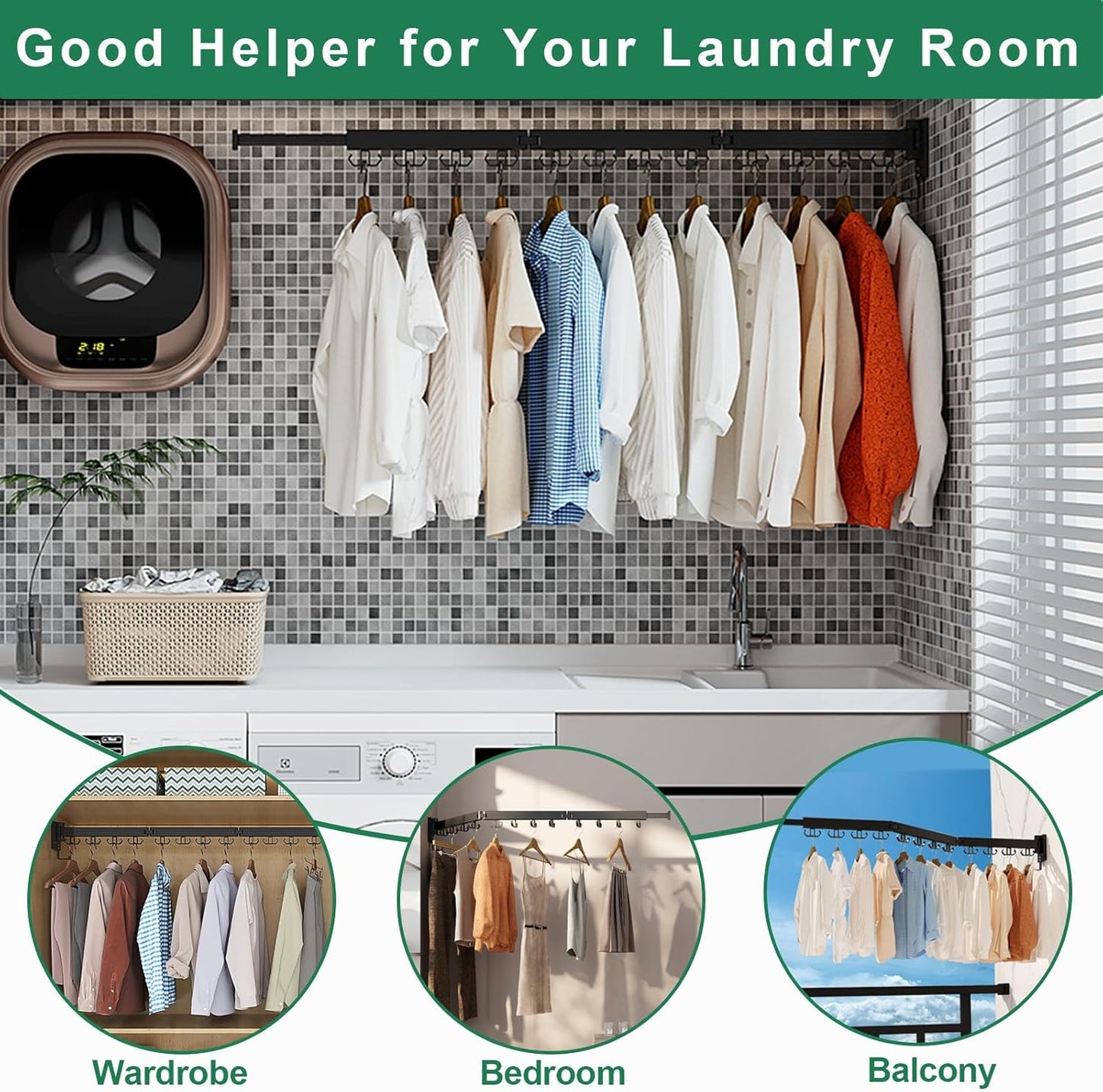 Wall Mount Clothes Drying Rack, Wall Mounted Drying Rack, Upgraded 3-Fold & Sturdy Laundry Drying Rack with 12 Dual-Side Hooks Space Saver for Laundry Room, Apartment, Dorms - Black