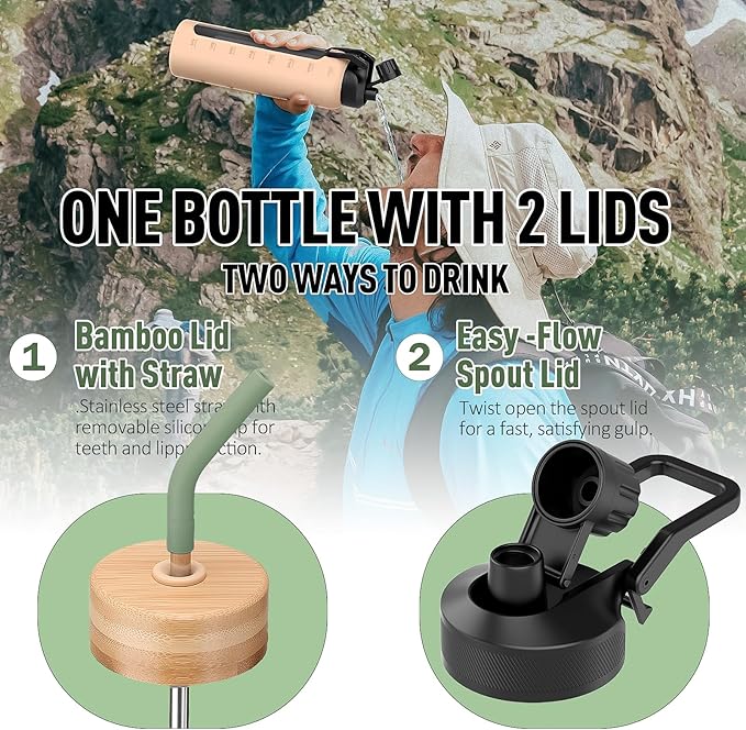 Glass Water Bottles with Straw -32oz- Water Bottle Phone Holder for Gym Large Motivational Water Bottle with Time Marker Glass Drinking Bottles 2 Lids - Spout & Bamboo Straw Lid(Olive)