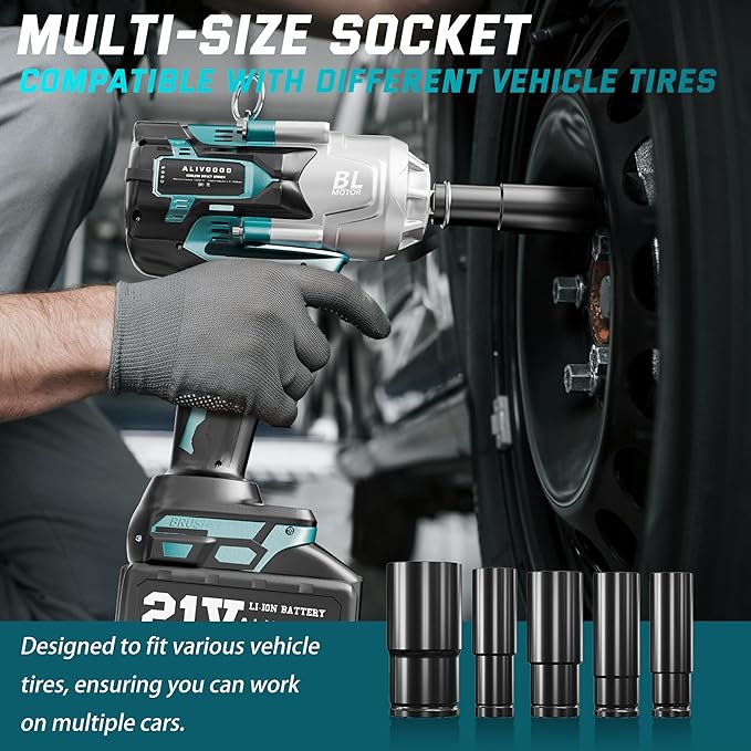 Upgrade 1300N.m/1000Ft-lbs Cordless Impact Wrench, 2x 5.0AH Battery, 1/2 Inch Electric Impact Gun, Fast Charger, Power Impact Wrench for Truck RV Heavy-duty with 5 Sockets(17mm,19mm,21mm,24mm,32mm)