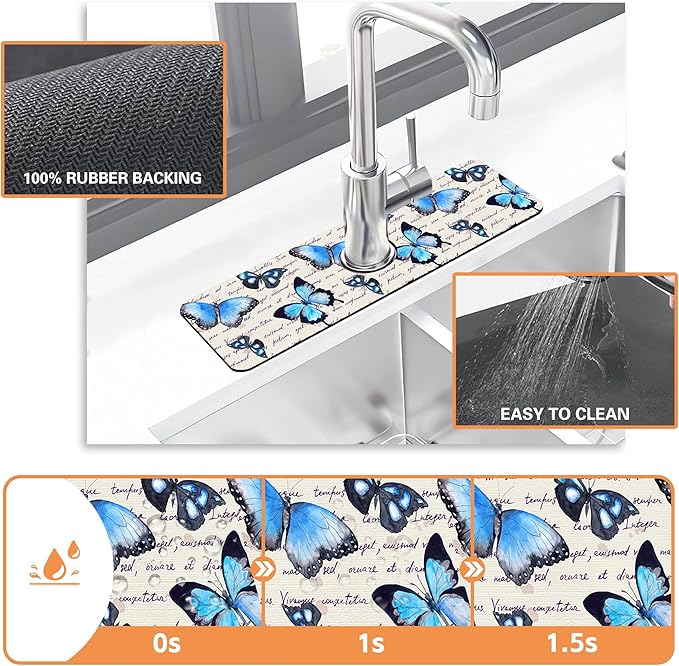 Kitchen Sink Splash Guard Faucet Mat Butterflies Hand Written Text Sink Splash Guard Behind Faucet,1 PC Soft Diatom Mud Non-Slip Mat-for Kitchen,Dish Drying Mat,Bathroom Faucet Mat 15.5"X5.5"