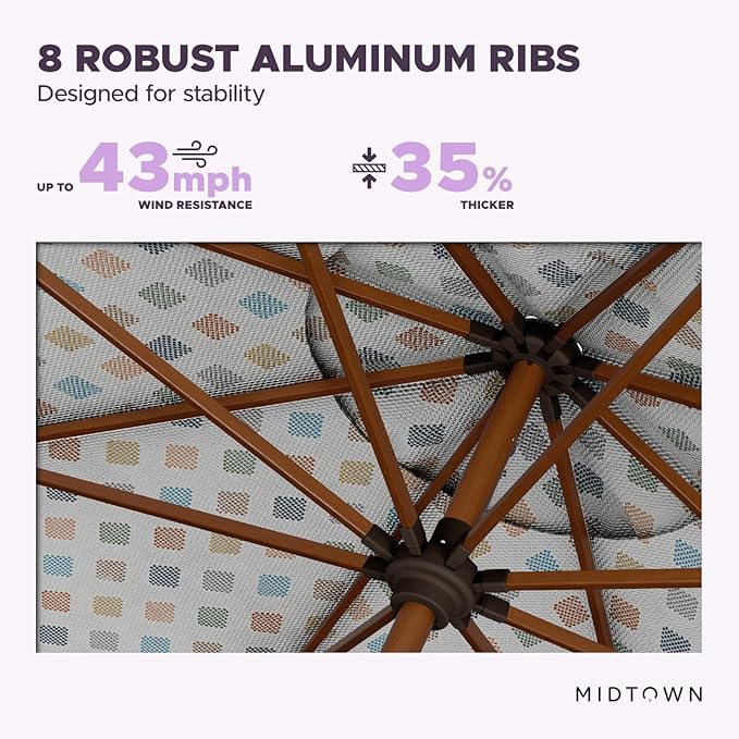 Midtown Umbrellas Sunbrella Umbrella Outdoor Patio Umbrella 2-9 Feet in Infused Gem Acrylic Fabric, Auto-Tilt Aluminum Frame For Backyard Umbrella, Deck Umbrella & Porch Umbrella - Wooden Pole