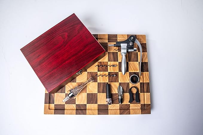 Wine Bottle Opener Set with Accessories Polished Silver in Wood Box, Aerator, Extra Screws, Foil Cutter, Pourer, Vaccu Stopper, Winged Wine Opener, Rabbit Red Wine Corkscrew Set (Polished Silver)