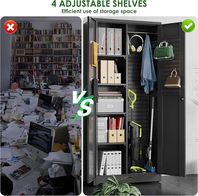 71.31" H Metal Broom Closet Storage Cabinets with Pegboards and Hooks,Utility Closet Storage Cabinet with Hooks and Hanging Rod for Laundry Room,Utility Room,Warehouse,Garage,Black