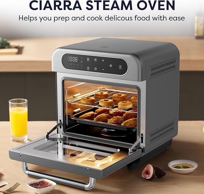 CIARRA 8-in-1 Steam Oven Countertop with Air Fryer, 13QT Mini Convection Toaster Oven with Steam, Rapid Steam, Air Fry, Vapor Bake, Steam Clean, Bake, Dried, Ferment, Grey