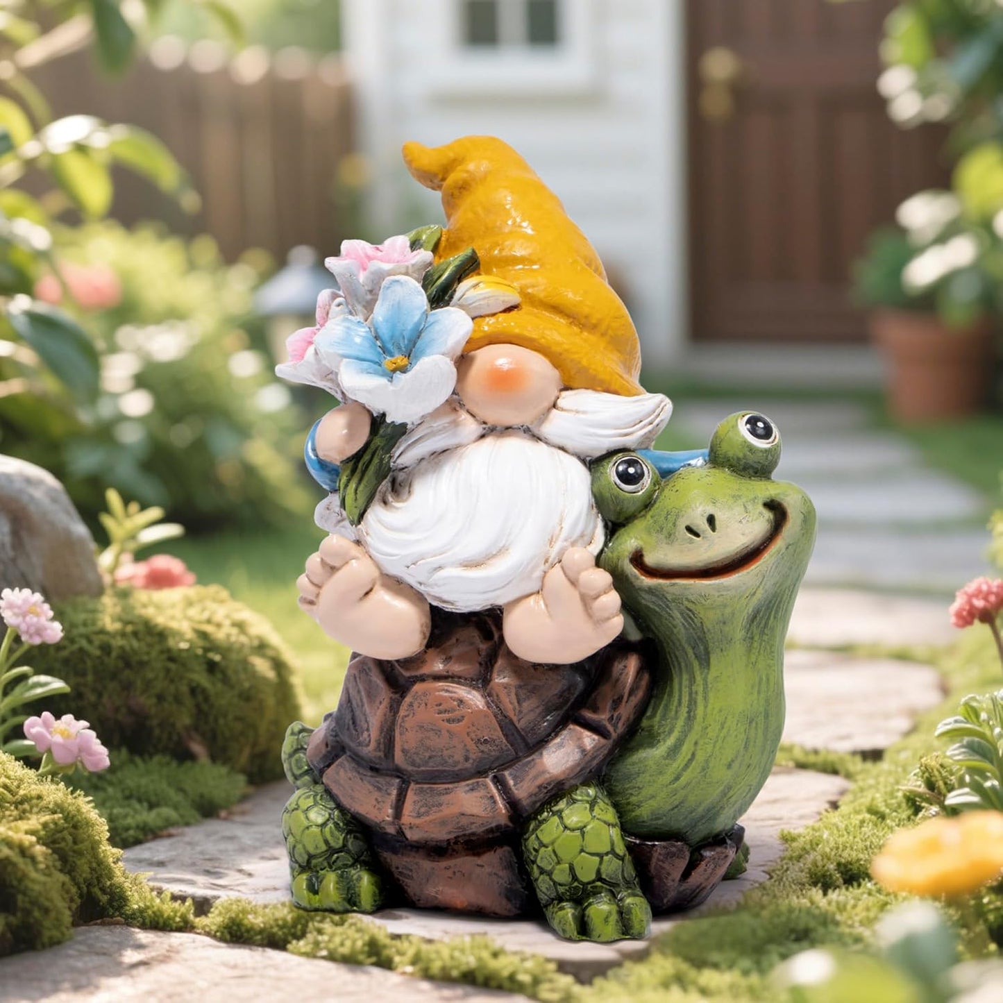 Hodao Spring Garden Gnome Decoration Flower Animal Ornaments Decor Gifts Spring Gnomes for Garden Decorations Summer Elf Figurine Gifts for Mom Outdoor Decor (Yellow)