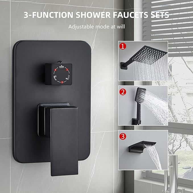 Shower Faucet Set Complete Matte Black Shower System with 12 inch Square Rainfall Shower Head 3-Function Handheld Shower Waterfall Bathtub Spout Rain Shower Combo Set Bathroom Wall Mounted