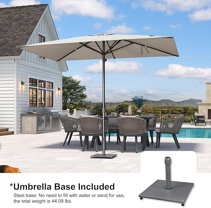 PURPLE LEAF 6 X 10 FT Semi-Auto Outdoor Patio Umbrella with Base Market Table Sun Umbrellas with 6 Aluminum Sturdy Ribs for Backyard Deck Garden Pool (Gray Pole Beige Canopy)