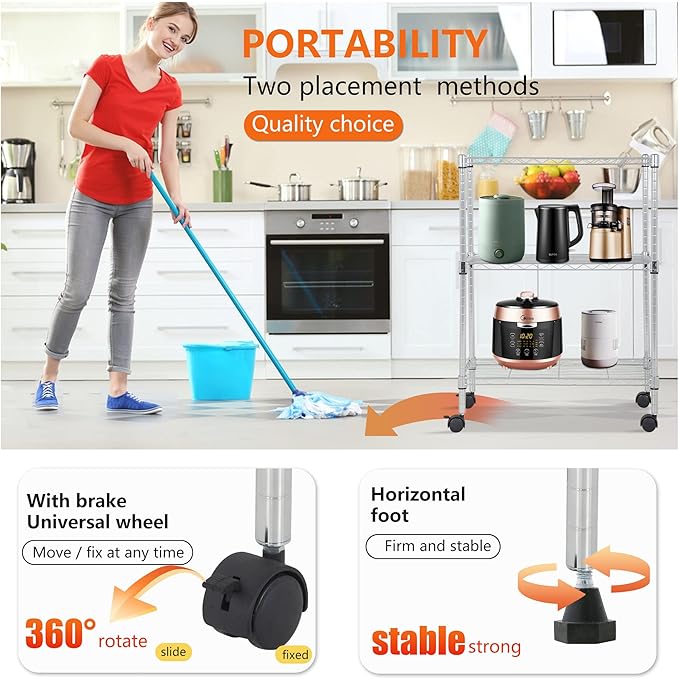 BestOffice | 3-Tier Wire Storage Shelves with Wheels | 23x13x31 | Chrome | Adjustable Racks | Heavy-Duty Metal Shelf, Holds Upto 170 lbs | No-Tool Assembly | Ideal for Home & Garage Shelving