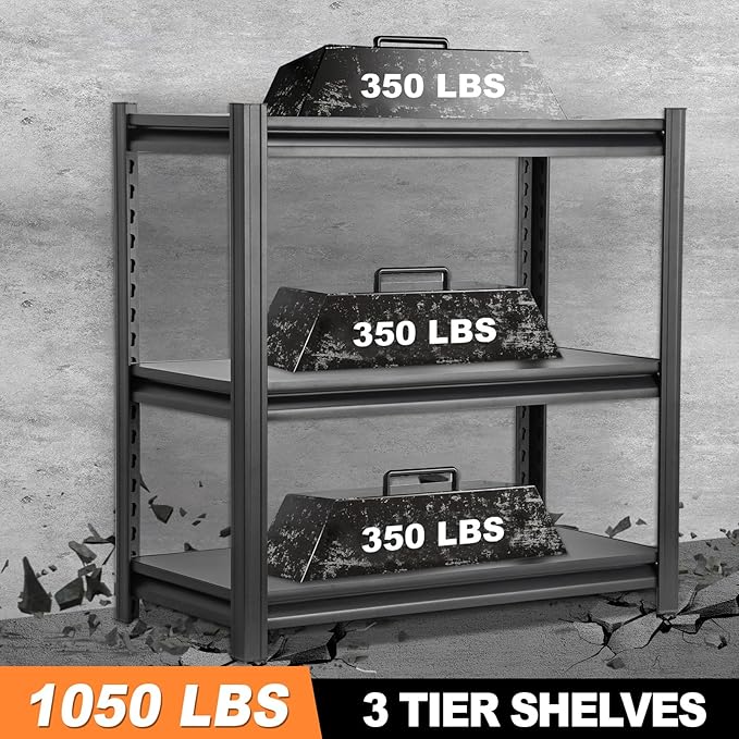 35" H Black Garage Shelving Unit, Garage Storage Shelves 1050LBS Heavy Duty Shelves, Adjustable 3 Tier Metal Shelving Utility Shelf for Home, Basement