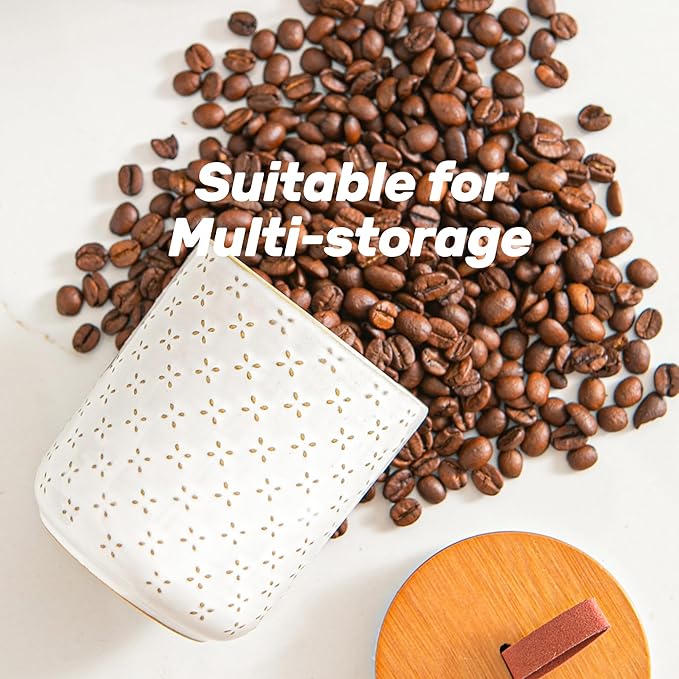 JOJUNO White Ceramic Canister Set with Wooden Lids – 3-Piece Airtight Food Storage Jars for Kitchen, Embossed Design, Small/Medium/Large Sizes (12/30/48 oz) – Flour, Sugar, Coffee, Tea Containers