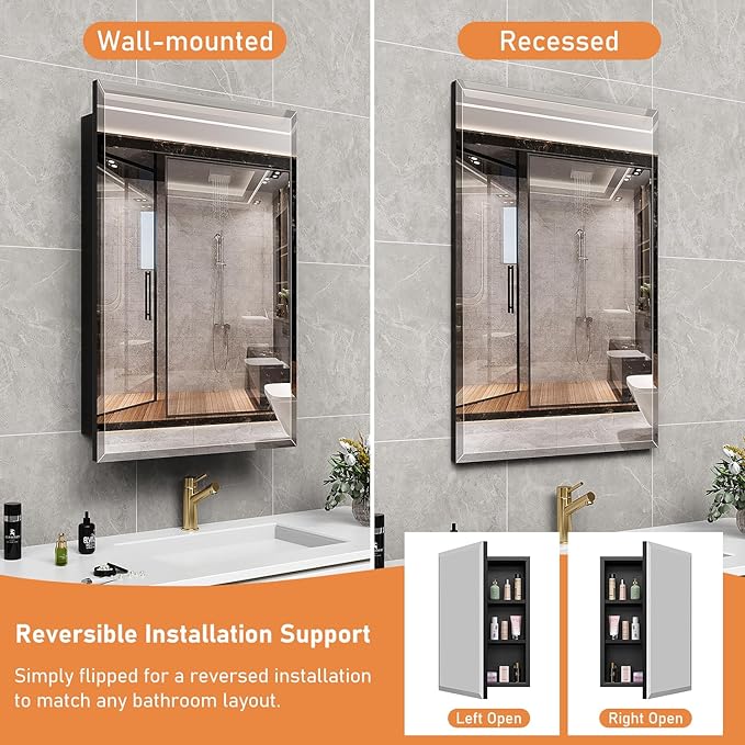 16X24 Inches Medicine Cabinet, Wall Mounted Bathroom Cabinet wirh Beveled Mirror, Recessed or Surface Medicine Cabinet with Storage