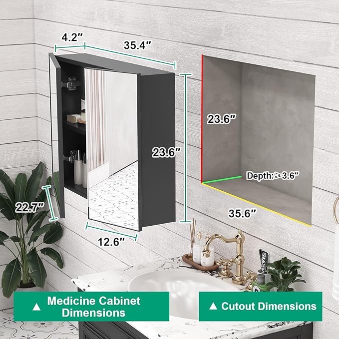 36 x 24 Farmhouse Medicine Cabinet, Tempered Frameless Bathroom Mirror with Storage, Black Recessed or Surface Mount Aluminum Medicine Cabinet for Bathroom Modern