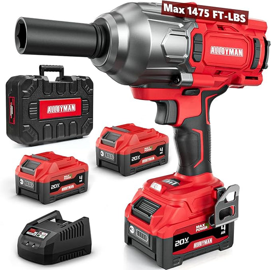 Alloyman Cordless Impact Wrench, 1475Ft-lbs (2000N.m) 1/2 High Torque Brushless Impact Gun, 20V Power Impact Driver, 2*4000mAh Battery,3 Sockets, Brushless Motor Variable Speeds for Car/Truck RV/Mower