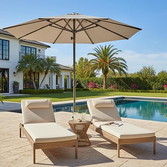 PURPLE LEAF 10 FT Semi-Auto Outdoor Patio Umbrella Market Table Sun Umbrellas with 8 Aluminum Sturdy Ribs for Backyard Deck Garden Pool (Gray Pole Beige Canopy)