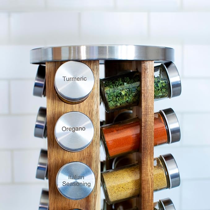 Orii 20 Jar Spice Rack with Spices Included - Tower Organizer for Kitchen Spices and Seasonings, (Natural Acacia Wood)