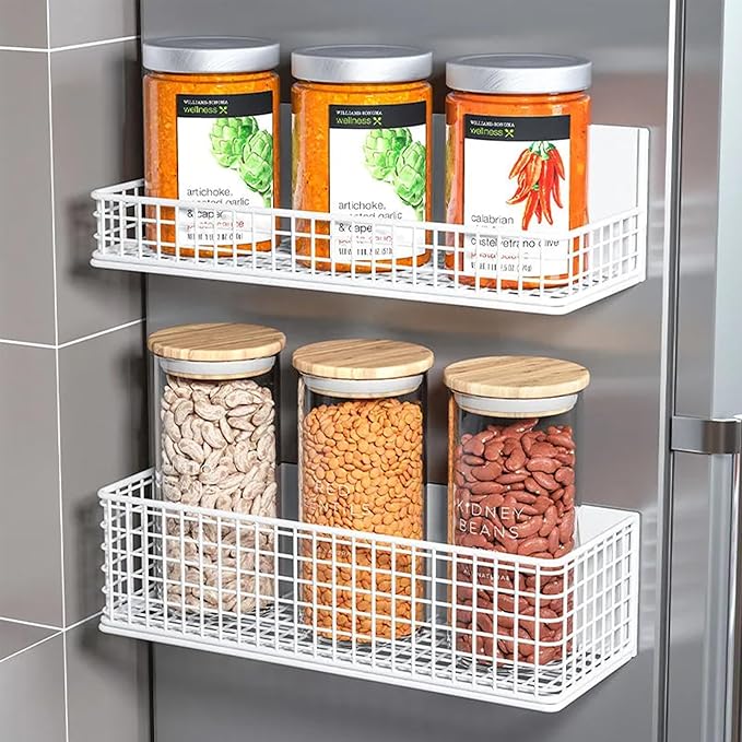 Magnetic Basket Fridge Organizer Wire Bins Pencil Holder Whiteboard Accessories Home Kitchen Organization (White-Low)