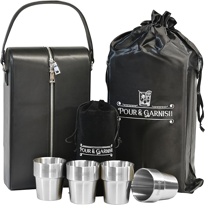 POUR & GARNISH Bourbon Whiskey & Wine Double Bottle Travel Bag with 4 Stainless Steel Double-Walled Vacuum Insulated Glasses - Makes a Great Gift!