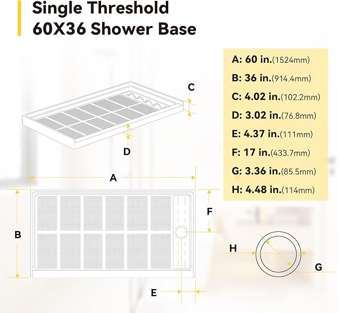 Sunrosa Shower Base 60"×36"×4", Single Threshold Shower Bases with Right Drain, Rectangle Solid Surface White Shower Pan, Slip Resistant Textured Surface, Include Stainless Steel Chrome Cover