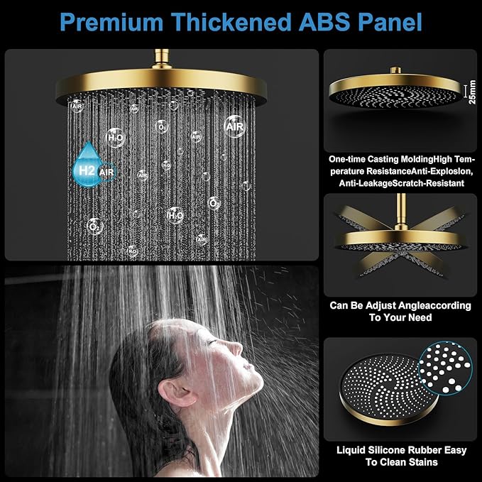 Shower System Brass Thermostatic Shower Faucet Set With Valve and Diverter Shower Mixer with 2 Rain Shower Head and Multi-function Handheld Head（Brushed Gold）