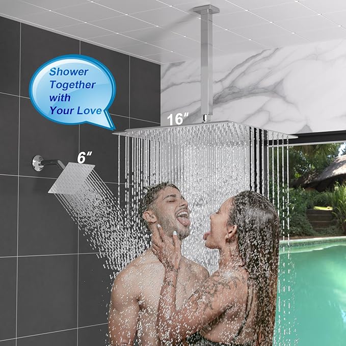 Enga Thermostatic Dual Head Shower System, 16 Inch Ceiling Mount Shower Head with 6 Inch Wall Mount Shower Head Shower Faucet Set, All Functions Can Operate Simultaneously, Chrome