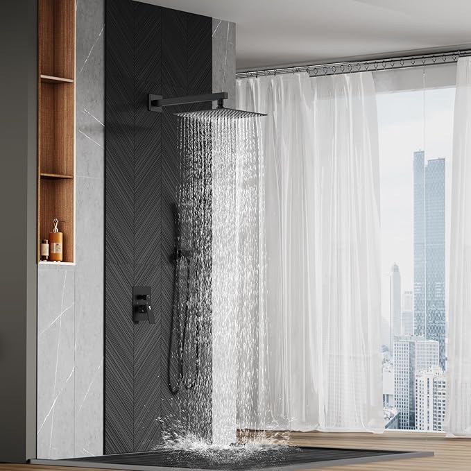 SR SUN RISE Black Square Rainfall Shower Head and Handle Set, Wall Mounted Shower Fixtures, Metal Shower Faucet Trim Repair Kits (With Shower Valve)
